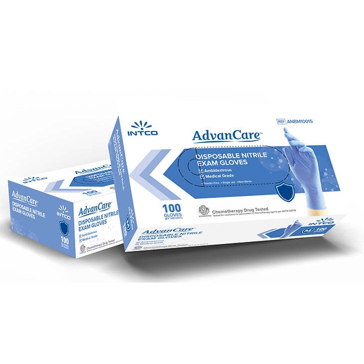 alt: Medium Medical Nitrile Gloves - Blue - Intco AdvanCare - Pack of 100